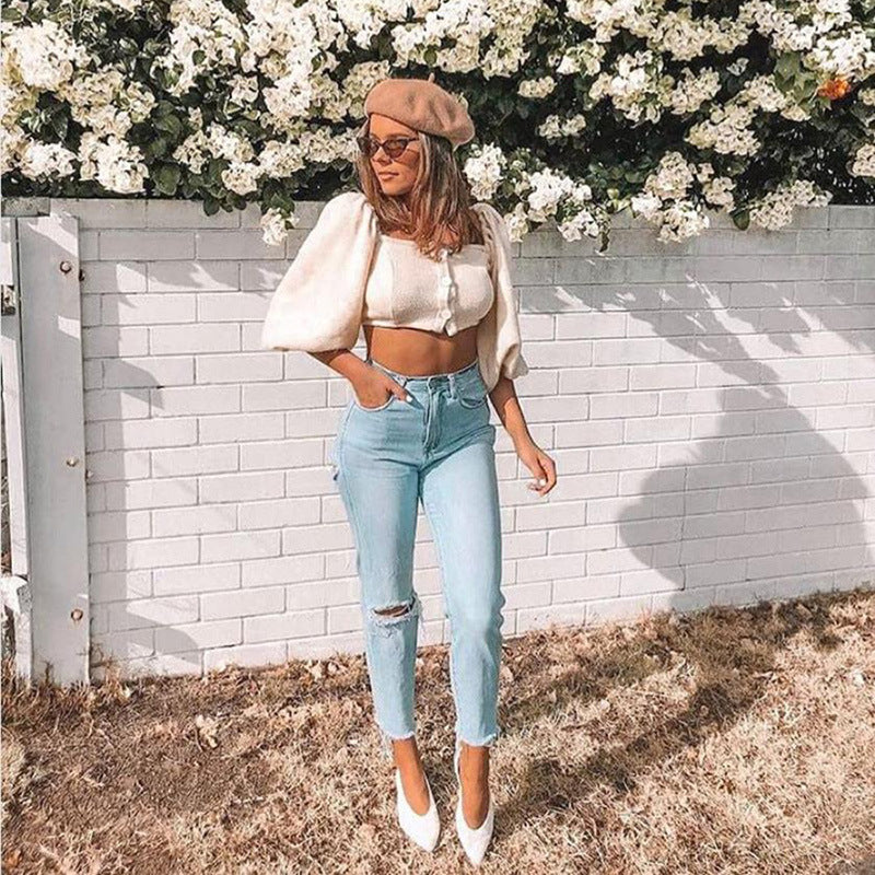 One-shoulder cropped cardigan sweater