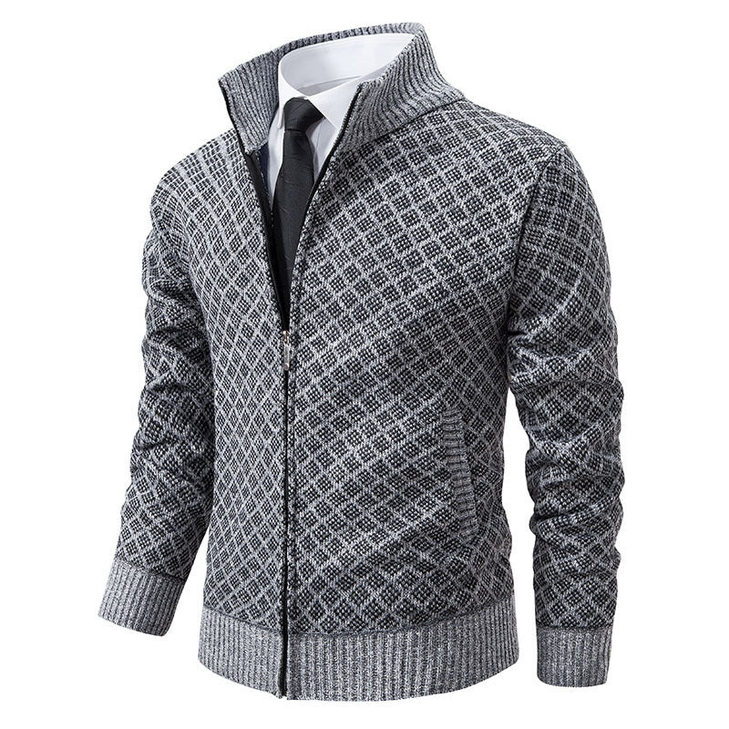 Thickened Plaid Print Jacket Cardigan Fashion Slim Fit Zipper Stand Collar Sweater Winter Men's Casual Long Sleeve Knitted Top Clothing